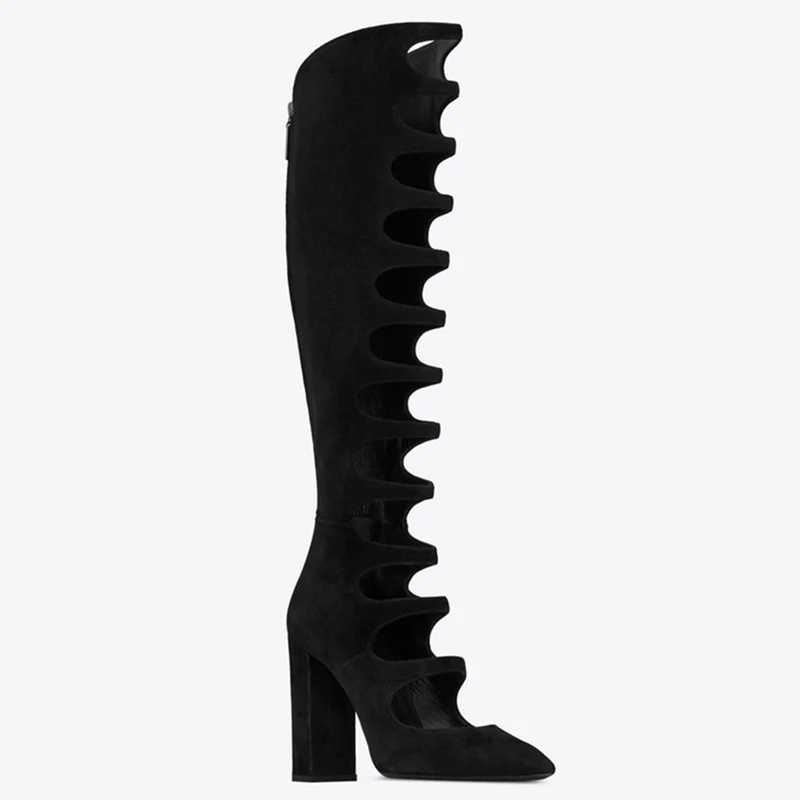Otoño Sandalia Choo Back Eunice Mujeres Chunky Recortes Altos A Verano 2018 Tacones Muslo Botas Rodilla Altas Negro Zipper PBFqSq