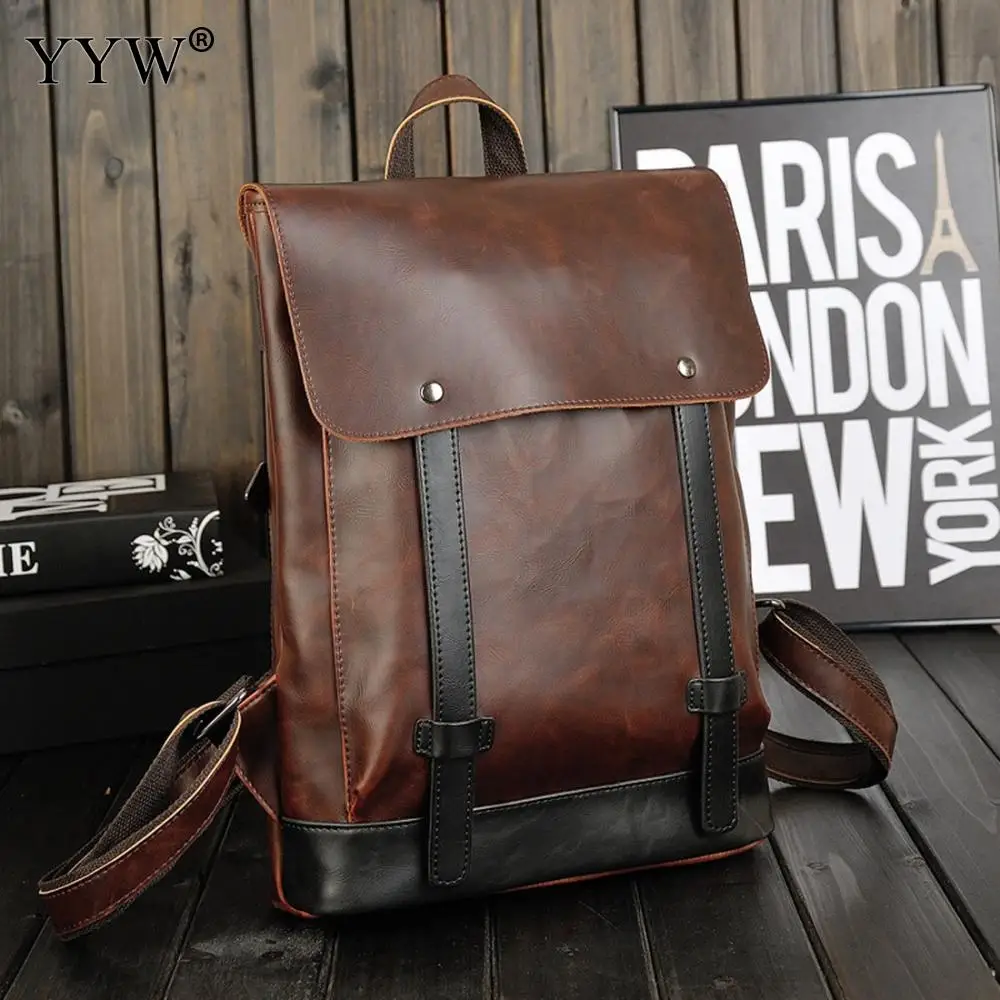 

YYW Pu Leather Backpack Men Dull Polish Soft Surface Solid Coffee Big Size Travel Bag Student Casual Laptop Backpack Mochila