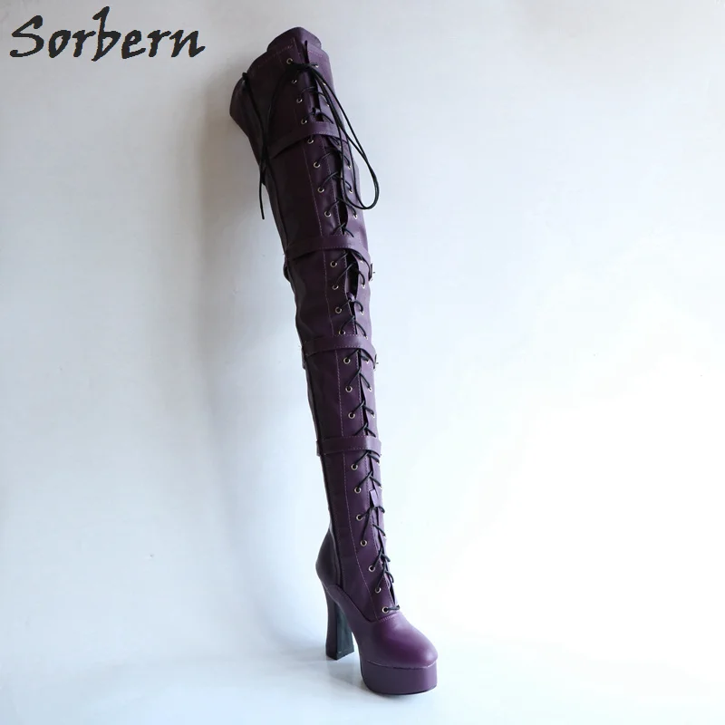 Sorbern Matt/Фиолетовые женские сапоги до бедра на массивном каблуке высокие молнии