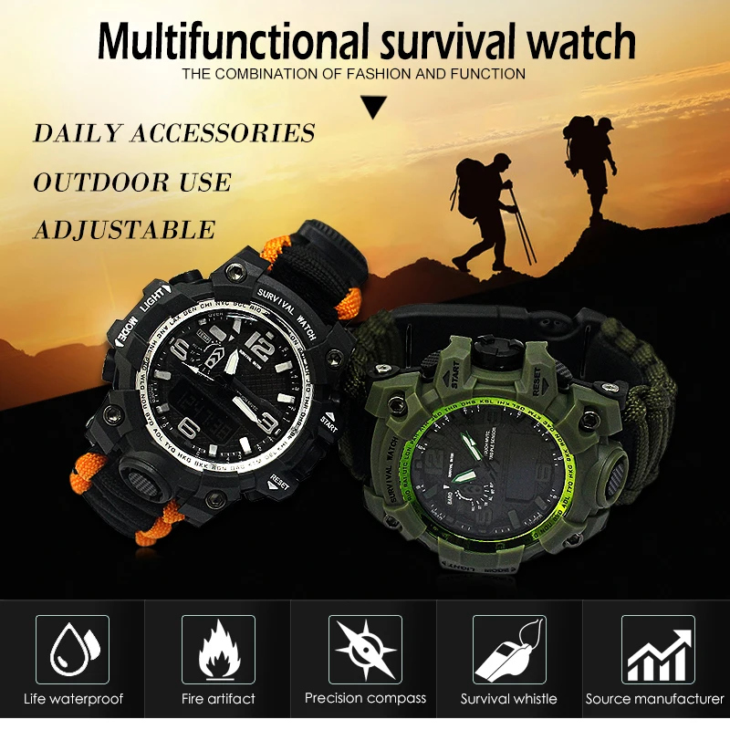 Outdoor Camping Survival Watch Multi-functional Paracord Watch with Compass Whistle Thermometer Rescue Rope Survival kit EDC Outdoor Camping Survival Watch Multi-functional Paracord Watch with Compass Whistle Thermometer Rescue Rope Survival kit EDC