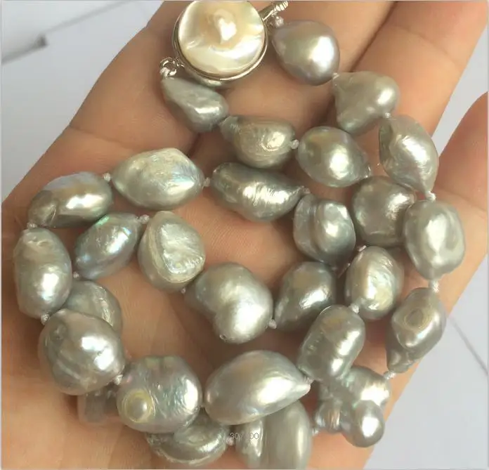 

~! NEW 10-16mm SOUTH SEA gray BAROQUE PEARL NECKLACE + Pearl clasp 18 "AAA YL WW