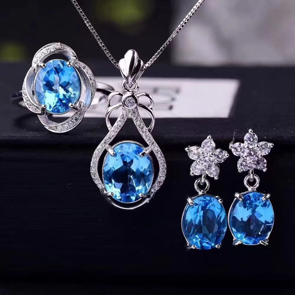 

925 Sterling Silver Blue Topaz Jewelry Set Necklace Earrings and Ring Natural Stone Adjustable Size for Women Birthday Gift