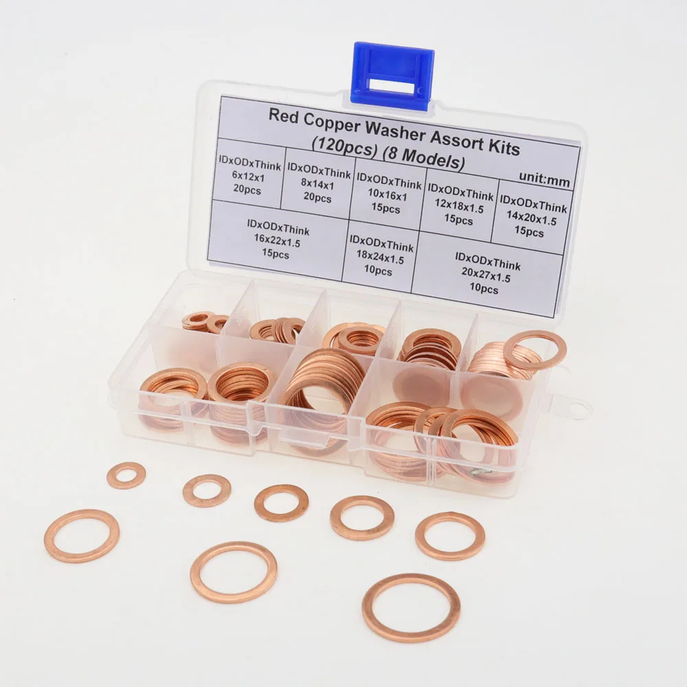 M6-M20 Assorted Solid Copper Gasket Washer Seal Flat Ring Set with Box 120pcs M6-M20 Assorted Solid Copper Gasket Washer Seal Flat Ring Set with Box 120pcs