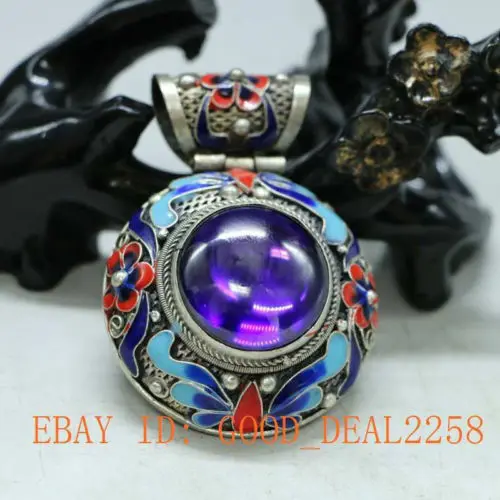 

Exquisite Tibetan Vintage Handwork Silver Cloisonne Inlaid with Artificial Purple Zircon Pendant