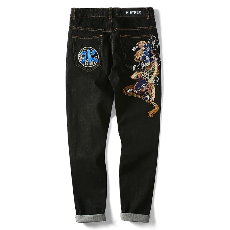 Мужские брендовые джинсы с вышивкой в китайском стиле, штаны с буквенным принтом, хлопковые джинсовые стрейч байкерские синие черные штаны, мужская повседневная одежда# TSJ2003