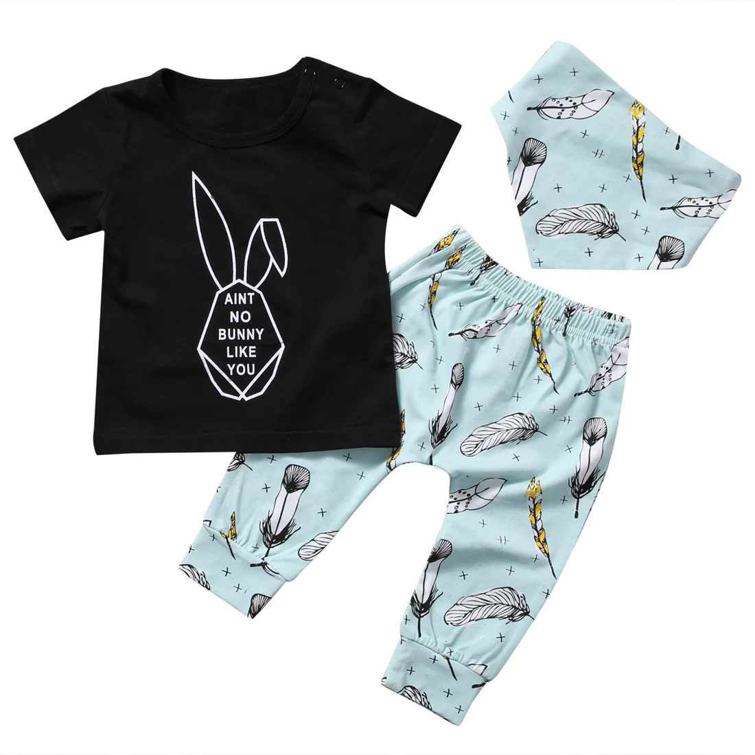 

3PCS Set Newborn Baby Boy Girl Clothes 2017 Summer Rabbit T-shirt Tops + Feather Pant 2PCS Outfits Children Clothing Tracksuit