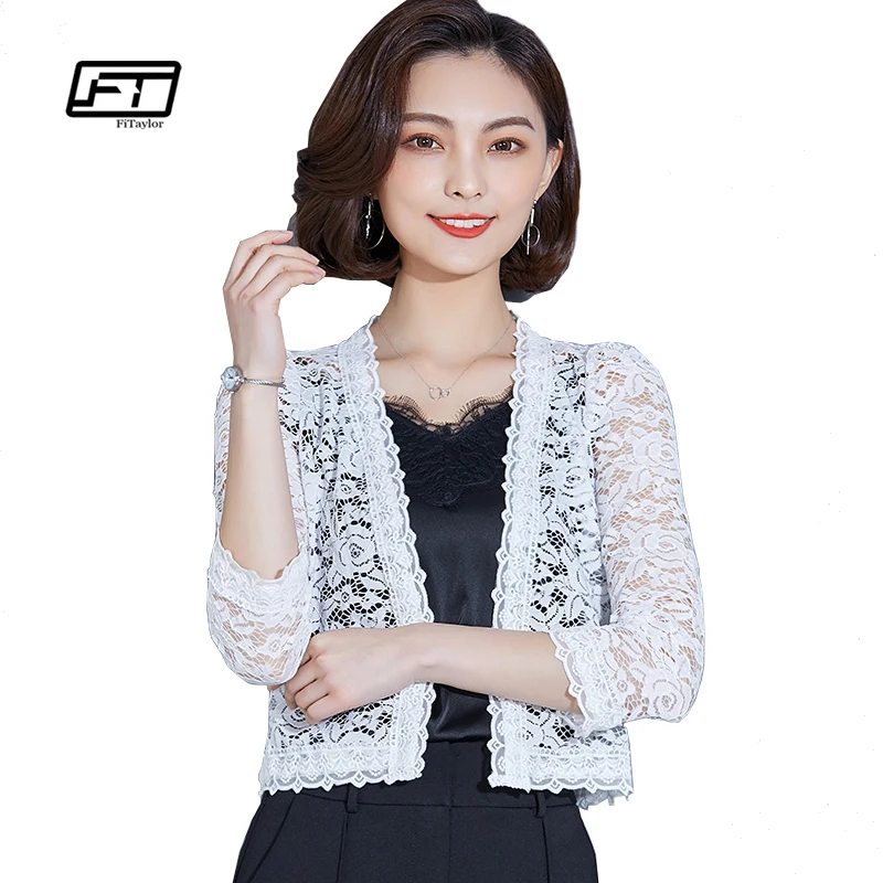 

Fitaylor 2018 Summer New Thin Knit Shawl Cardigan Women Casual Three Quarter Sleeve Short Coat Lace Hollowed Out Jacket