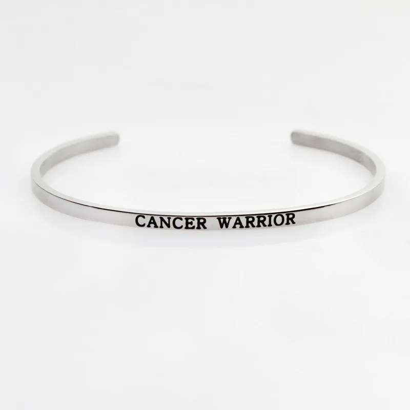 New Silver Stainless Steel Bangle Engraved Positive Inspirational Quote Hand Stamped Cuff Mantra Bracelets For Men Women - Окраска металла: cancer warrior