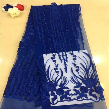 

2018 New Design Nigerian 3D Wedding Lace Fabric Royal Blue Latest African Laces 2018 French Net Lace Fabric With Beads for Dress