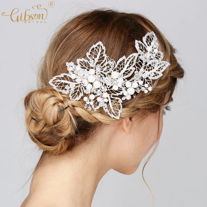 

Elegant Handmade Silver Crystal Pearl Flower Leaf Wedding Hair Clip Barrette Bridal Headpiece Hair accessory Japanese bride hair