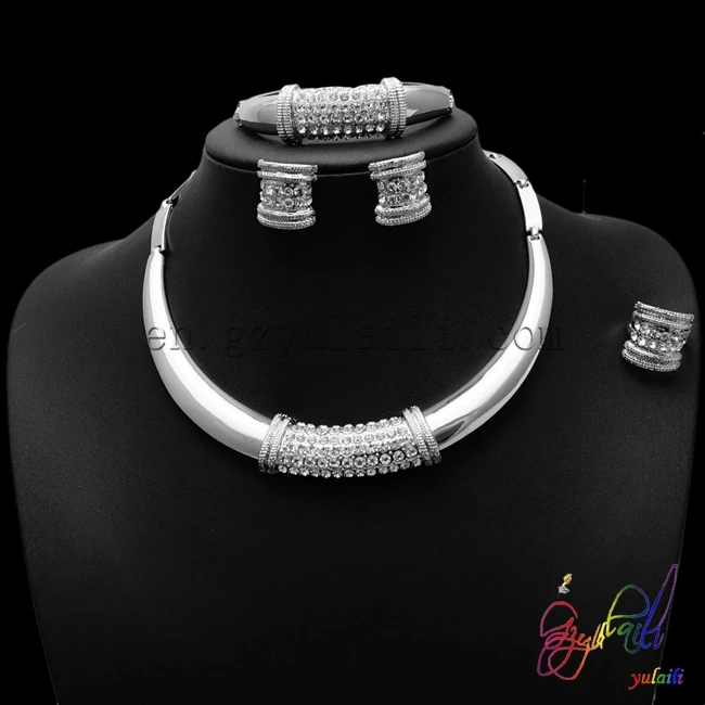 

2016 Indian latest wholesale rounded necklace and rings jewellery sets for women silver plated rhinestone jewellery sets