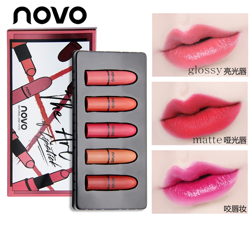5pcs/lot NOVO Lip Makeup Mini Lipstick Set Matte and Glossy Moisturizer Lip Stick