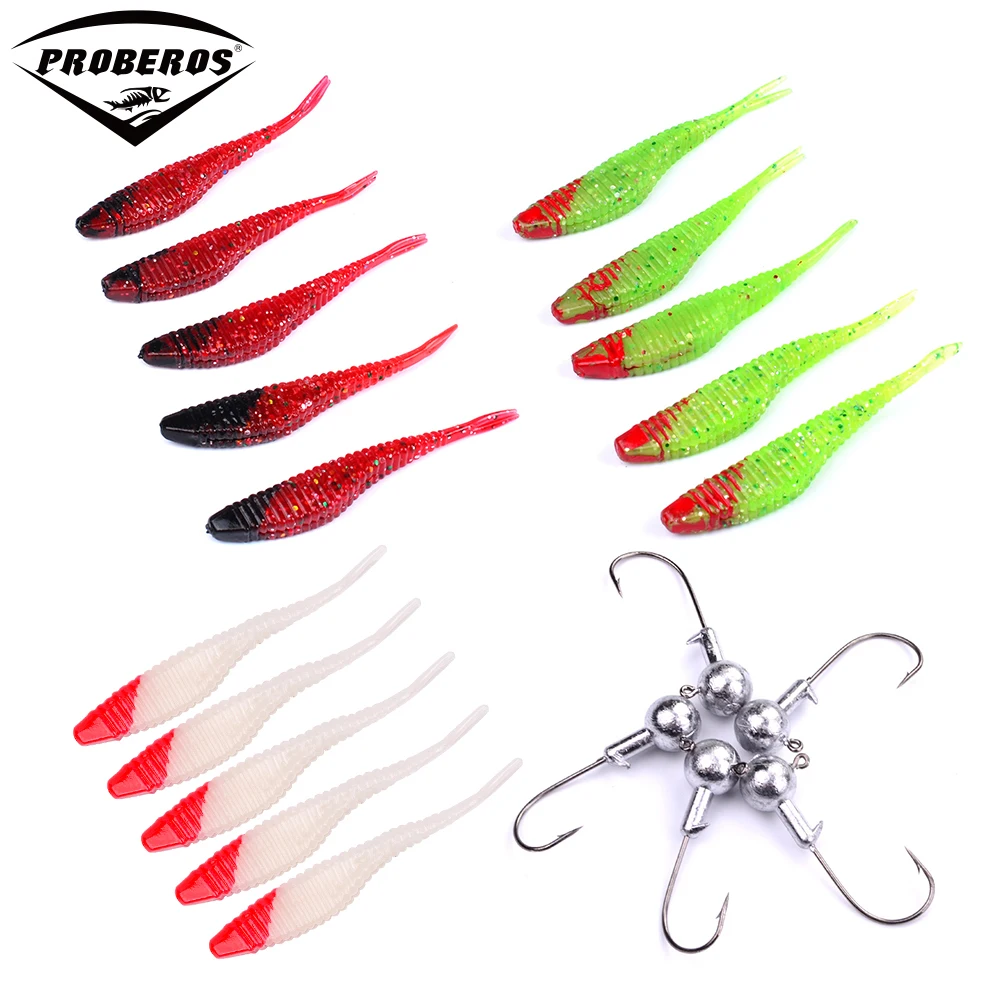 40pcs/lot Soft Lure Fishing Lures + 5pcs 1G Jig Hooks 7cm-2.76&quot/2.44g-0.086oz Bass Baits 3 Color Silicon Wobblers | Спорт и