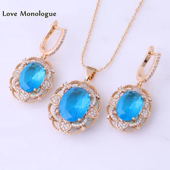 

Love Monologue Romantic Heart Blue Sky Crystal Cubic Zirconia Yellow Gold Color Drop Earring Pendant 3 Pcs Jewelry Sets X0036
