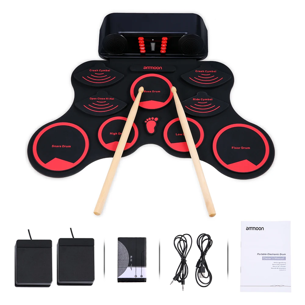 

ammoon Roll-Up MIDI Drum Electric Drum Set 9 Silicon Durm Pads Built-in Stereo Speakers Rechargeable Battery with Foot Pedals