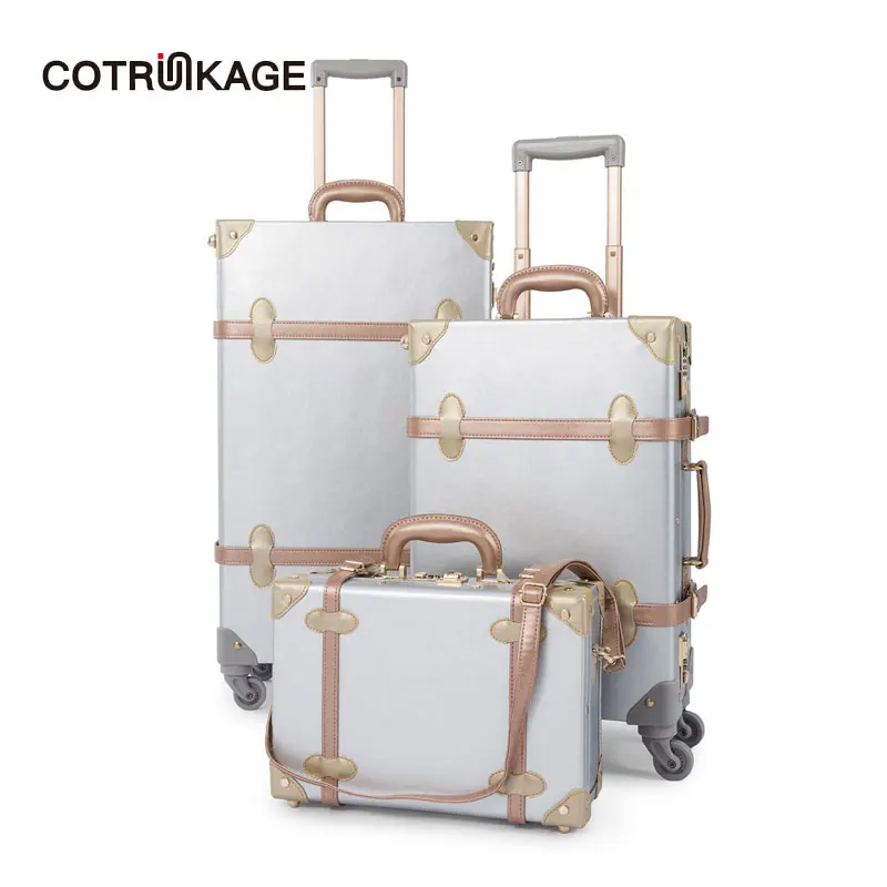

COTRUNKAGE 3 Pieces Silver Retro Pu Leather Suitcase Set 13" 20" 26" Women Trunk Vintage Luggages Girls Rolling Luggage Sets