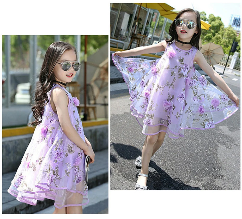 Платье с цветочным рисунком для девочек; Летние сетчатые платья для девочек; элегантные Детские платья принцессы без рукавов; одежда для детей-подростков 4, 6, 8, 14 лет