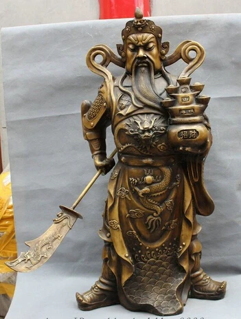 

JP S0291 33" Chinese Bronze Dragom Head Wealth YuanBao Warrior GuanGong GuanYu God Statue