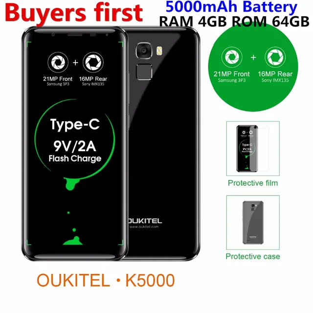 Best Offers Oukitel K5000 18:9 5.7" HD smartphone 4GB RAM 64GB ROM 16MP 5000mAh Android 7.0 MT6750 Octa Core 4G LTE Fingerprint mobile phone