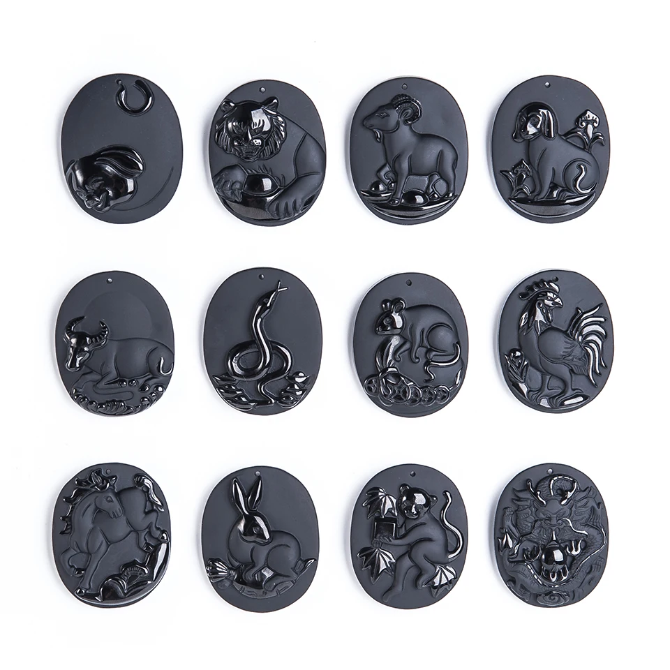 

Drop Ship Natural Black Obsidian Pendant Chinese Zodiac Pendant Patron Saint Carved Lucky Pendants Free Necklace Amulet Jewelry
