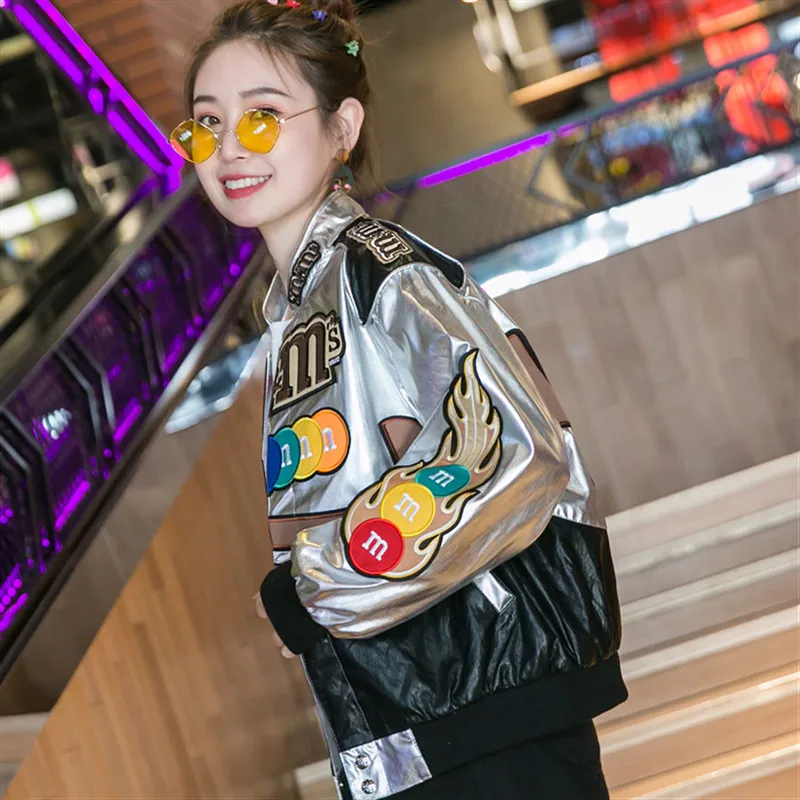 Fashion Spring Women Faux Leather Jacket Cartoon Embroidery Motorcycle jacket coat Ladies Streetwear PU Leather Jackets