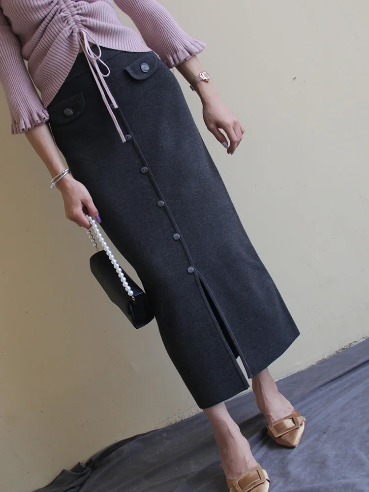 Free Shipping 2020 New Fashion Long Maxi Autumn And Winter High Waist Vintage Stretch Pencil Skirt With Slit Women S-XL Button | Женская