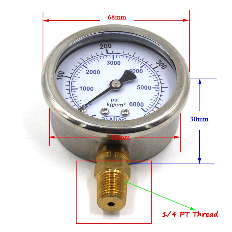 QUPB PCP Пейнтбол 2,5 ''масляные Дайвинг Давление датчик 400Bar 6000PSI СС чехол Медь соединение 63 мм 1/4PT нить GEL004