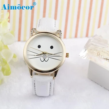 

2017 Newly Designed Relogio Feminino Clock Fashion Neutral Diamond Lovely Cats Face Faux Leather Quartz Watch Gift 324