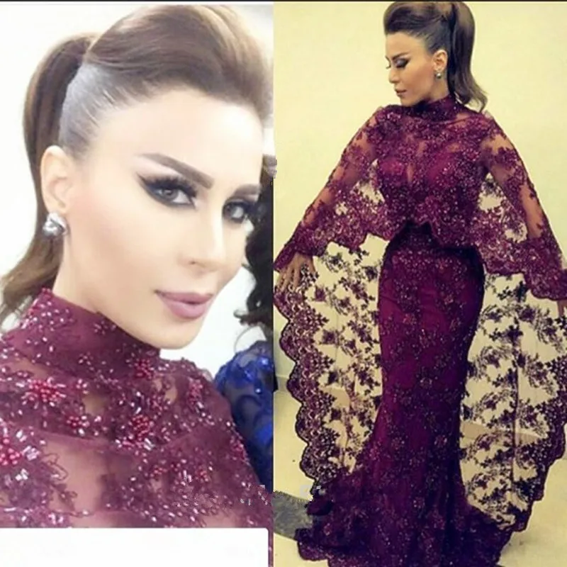 

2019 Abaya In Dubai Purple Lace Evening Dresses Mermaid Muslim Arabic High Neck Party Evening Gowns aljasmi Kaftan Dress