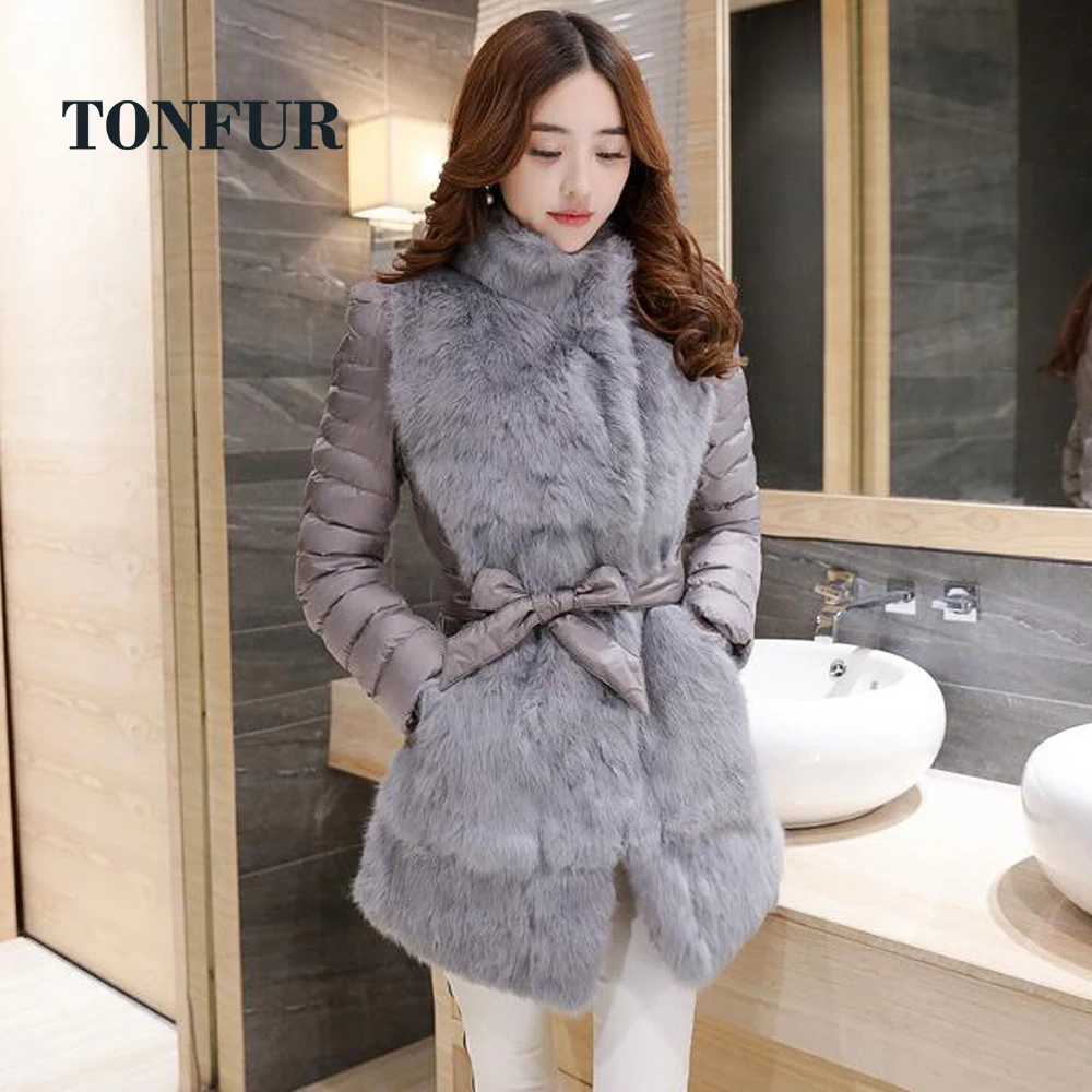 

Big Warm 100% Real Rabbit Fur Coat with stitching Padding Double Warm Jacket with belt good fitting SR240