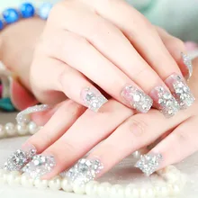 24 шт./компл. нажмите на накладные ногти для женщин блестящими серебристыми переливами, с украшением в виде кристаллов 3D Стразы искусственные накладные ногти Свадебные накладные ногти