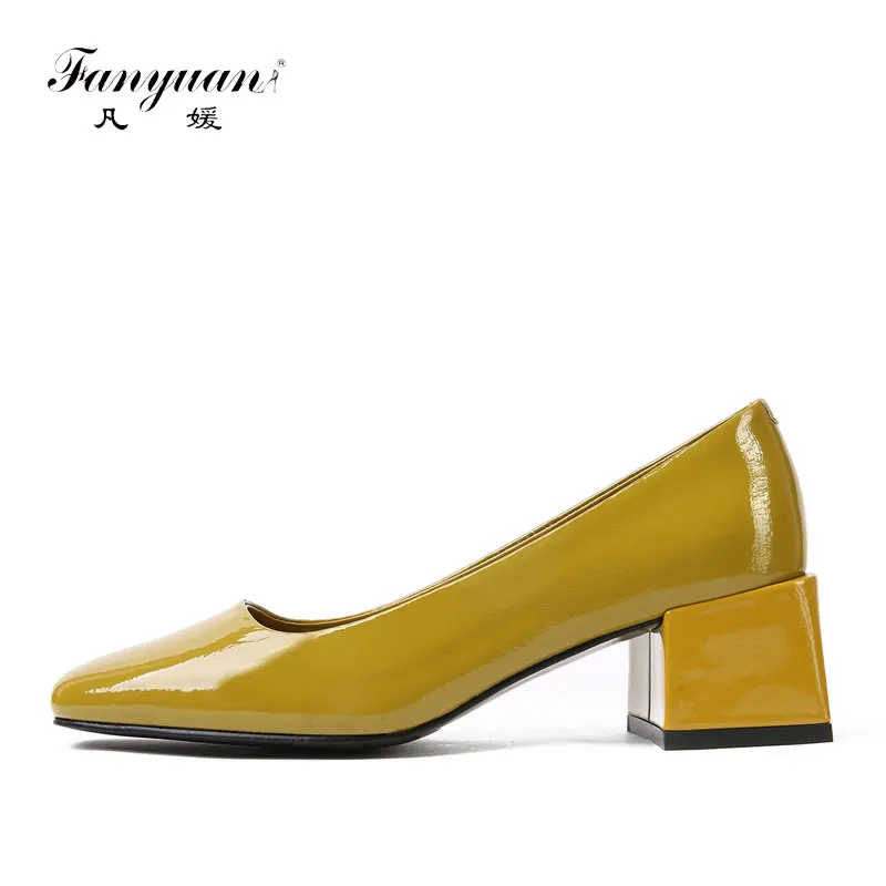 

Fanyuan Fashion Genuine Leather Shallow Pumps Women Shoes Comfort wild Square Toe Thick High heels Concise Slip-On Shoes