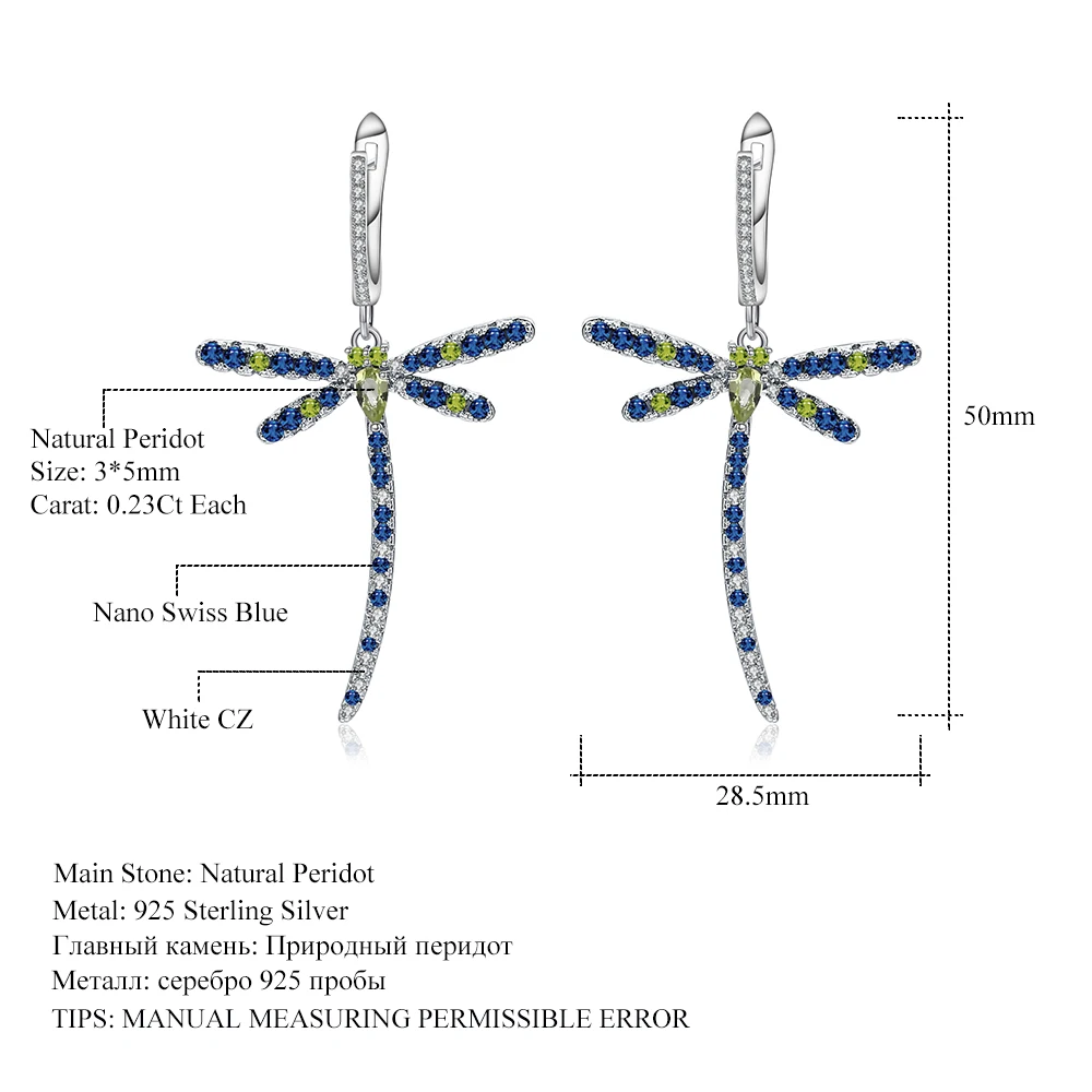 Женские серьги-подвески в готическом стиле с натуральным Перидотом и стрекозой, 925 пробы, серебряные, вечерние