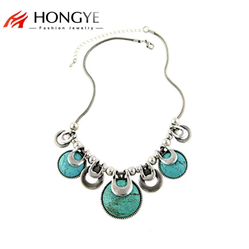 

2022 fashion new retro round ladies collar ethnic natural gemstone thick chain statement necklace Bijoux