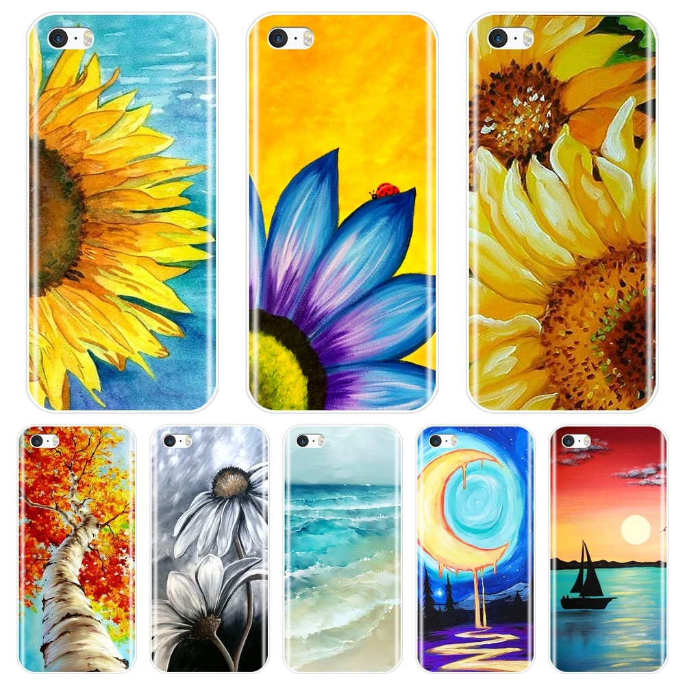 ТПУ искусство Подсолнух Цветы Луна пляж абстрактный задний Чехол для Apple iPhone 5C 5S SE