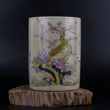 

Antique Porcelain QING YONGZHENG Pastel Flower bird Brush Pot Pen container