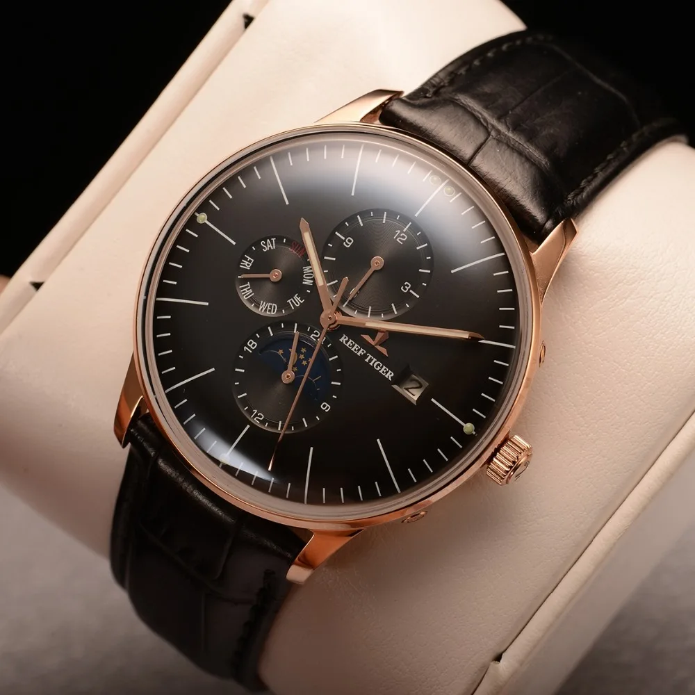  New Reef Tiger/RT Designer Casual Watches Rose Gold Analog Automatic Watches for Men Waterproof Wat