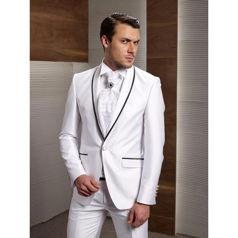 

New Arrival Groom Tuxedos White Wedding Suits For Men Black Shawl Lapel Groomsman Mens Wedding Suit One Button Frim Fit Men Suit