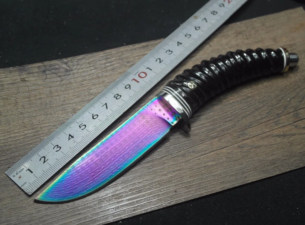 Comprar Acero de Damasco cuchillo de caza cuerno + G10 + cobre mango Damasco hecho a mano forjó el acero cuchillo del regalo