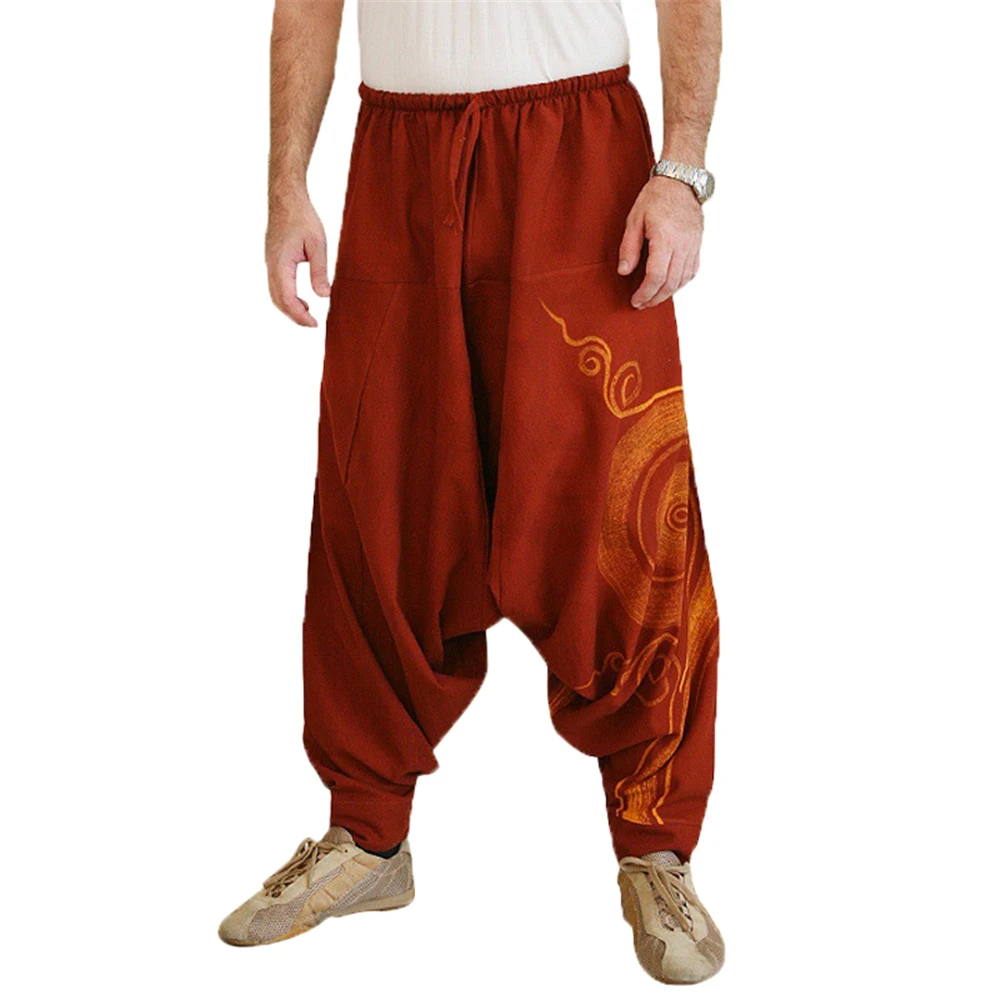 

Helisopus Men Loose Baggy Harem Pants Boho Hippie Trousers Chinese Style Print Plus size Crotch Sweatpant