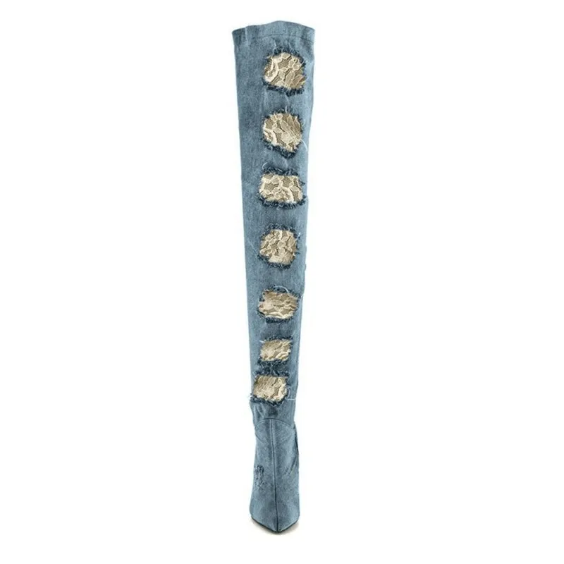 Mujeres 2018 Agujeros Ocasional Nueva Más Material Tacones Finos Manera Única Botas Denim Personalidad La Con rCwqrX1