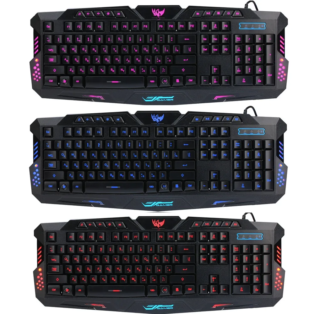  Russian Version Gaming Keyboard Gamer 3color Switchable Backlights LED USB Wired Game Keyboard for 