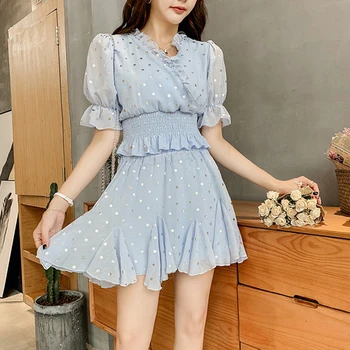 

New arrival elegant chiffon shirt and mini a-line skirt high quality simple work style 2 pieces OL casual fresh dot women sets