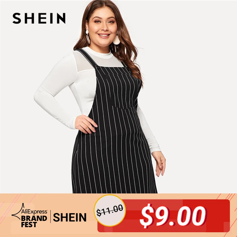 

SHEIN Plus Size Black Striped Straps Mini Pinafore Dress Women 2019 Preppy Style A-Line Short Dresses