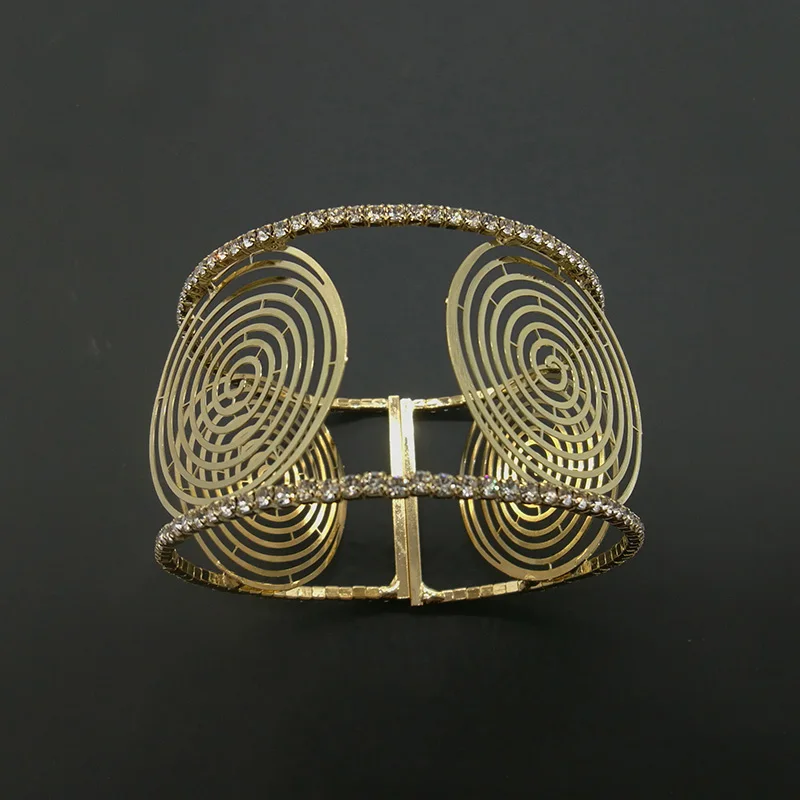 Fantastic Woman Bracelet and Bangles Gold Color Round Metal Geometric Wide Bracelet Crystal Rhinestone Open Cuff Bracelets (3)