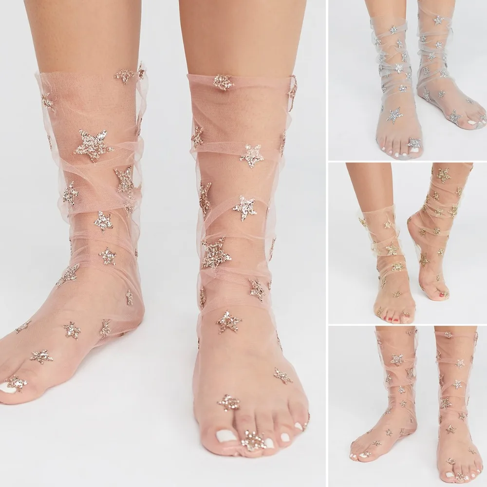 Женские носки летние блестящие тонкие мягкие прозрачные сетчатые тюлевые носки с прозрачными звездами ультратонкие видимые розовые носки