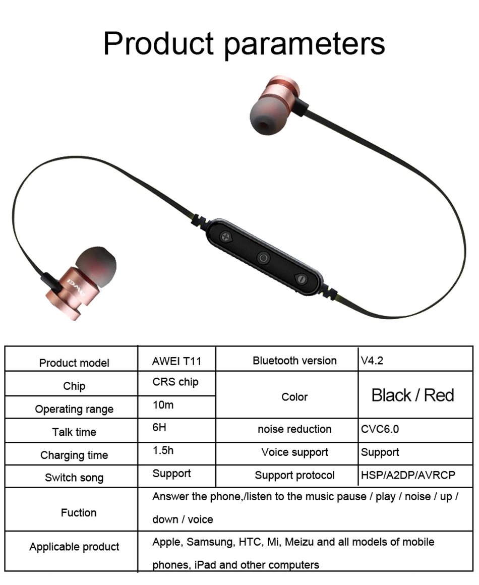 AWEI T11, беспроводные Bluetooth наушники с микрофоном, шейным ремешком, Спортивная гарнитура, свободные руки, игровые наушники, наушники для samsung iPhone