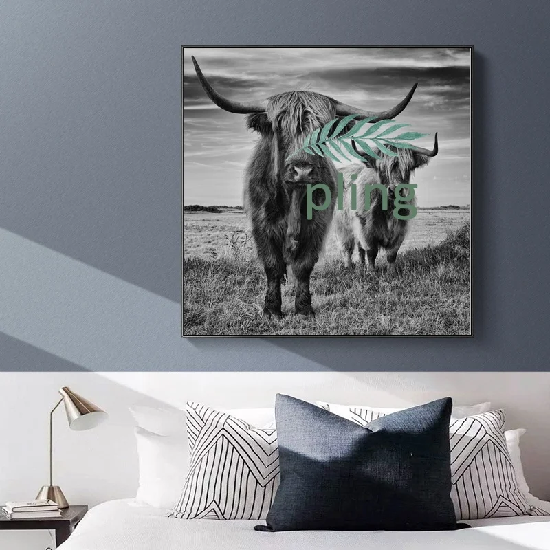 

Black and White Highland Cow Cattle Wall Canvas Art Nordic Painting Poster and Print Picture for Living Room