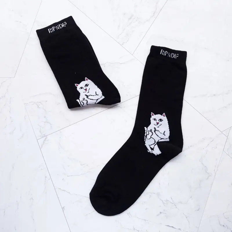 Унисекс, пара осенних длинных носков Harajuku Trick, смешная пародия, мультфильм, средний палец, плохой Кот, с буквенным принтом, хлопковые чулки