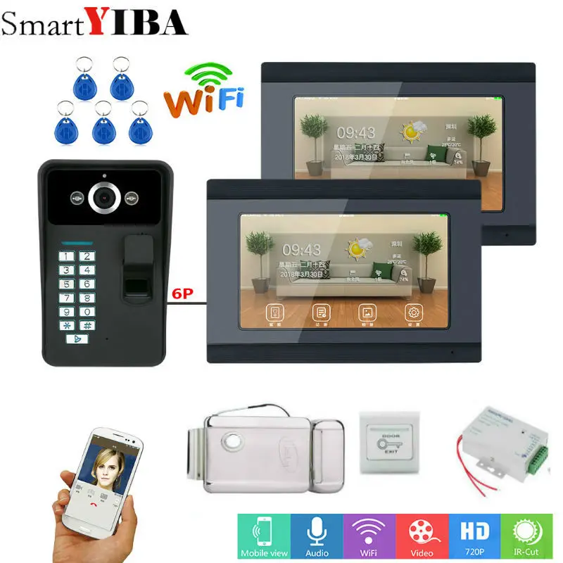 SmartYIBA 2*7'' Wired Wifi Fingerprint RFID Password Video Door Phone Doorbell Intercom Entry System with Door Lock Power Supply